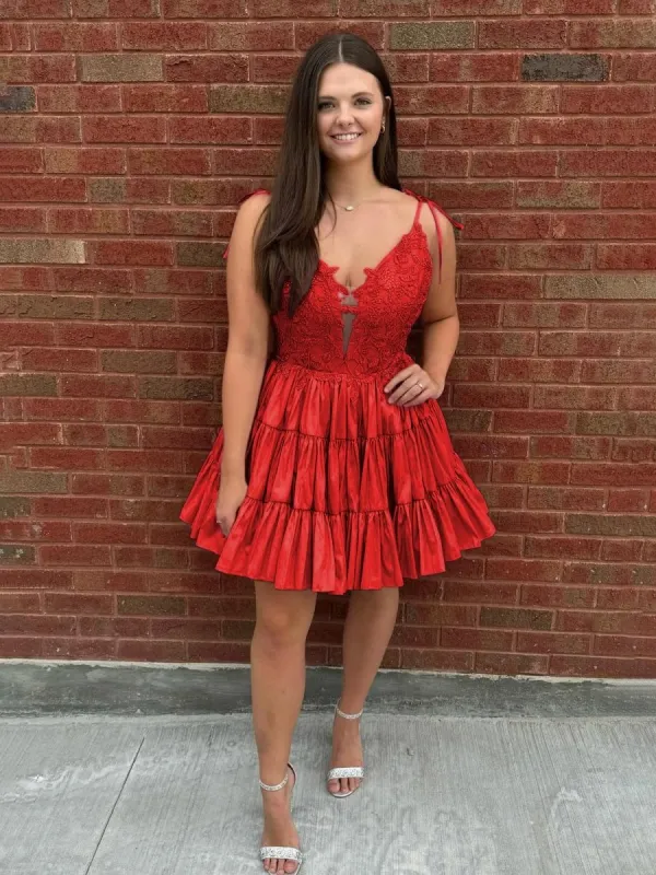 Heliodor | Red - V Neck Satin A Line Ruffles Homecoming Dresses With Appliques sold by KissProm