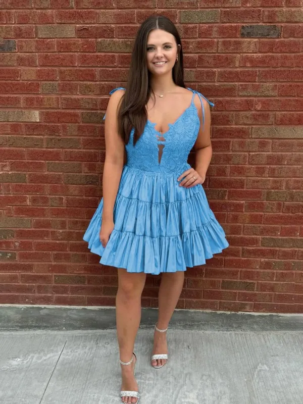 Heliodor | Blue - V Neck Satin A Line Ruffles Homecoming Dresses With Appliques sold by KissProm