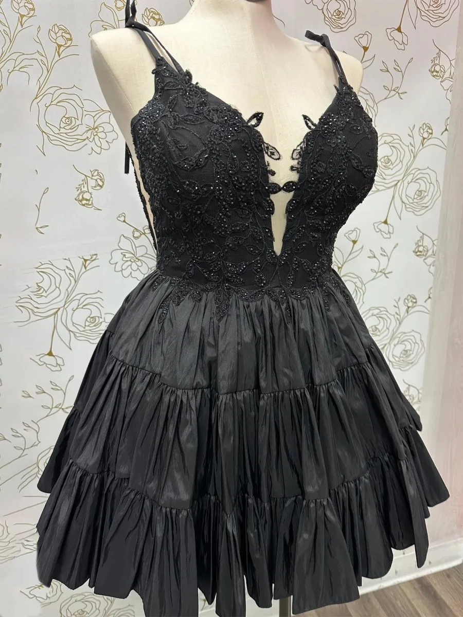 Heliodor | Black - V Neck Satin A Line Ruffles Homecoming Dresses With Appliques sold by KissProm product image thumbnail 3