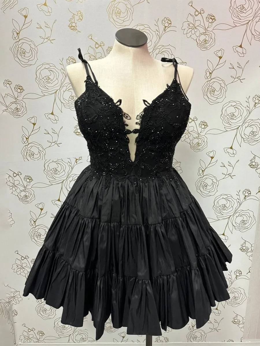 Heliodor | Black - V Neck Satin A Line Ruffles Homecoming Dresses With Appliques sold by KissProm product image thumbnail 2