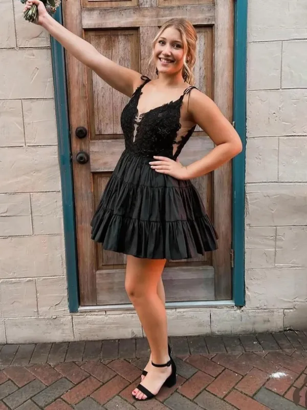 Heliodor | Black - V Neck Satin A Line Ruffles Homecoming Dresses With Appliques sold by KissProm