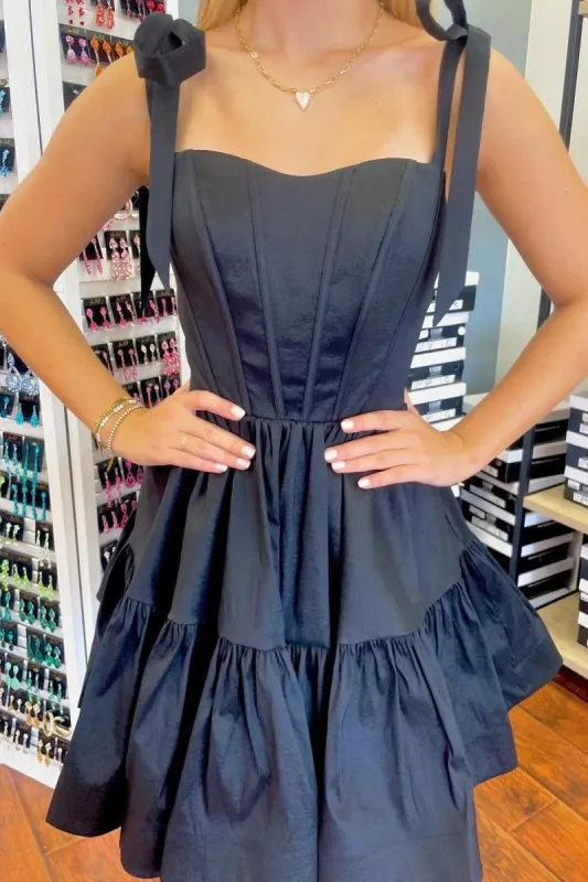 Lavandula | Black - Bow Straps Satin Ruffles A-line Short Homecoming Dresses sold by KissProm