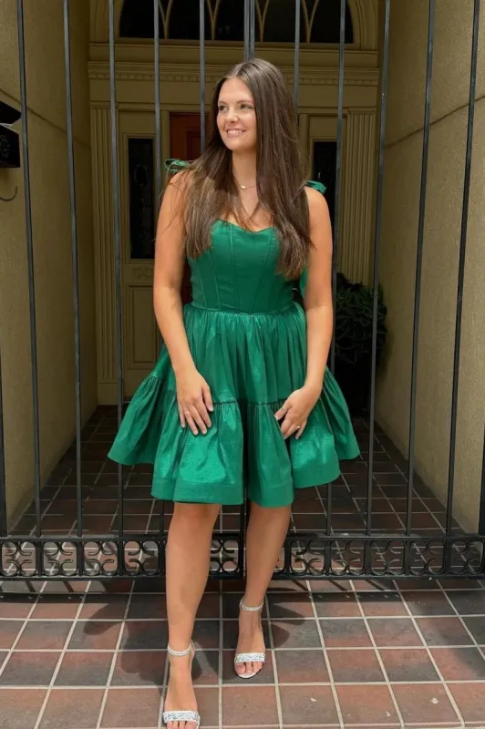 Lavandula | Green - Bow Straps Satin Ruffles A-line Short Homecoming Dresses sold by KissProm