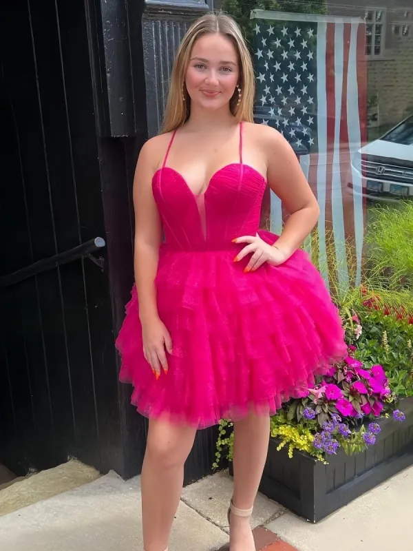 Lizy | Fuchsia - V Neck Tulle Ruffles A-line Short Homecoming Dresses sold by KissProm