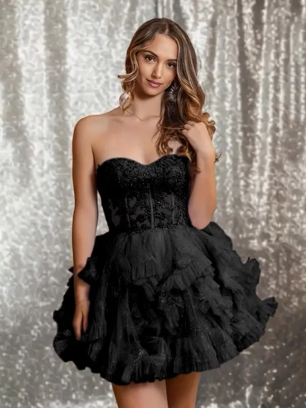 Carmelita | Black - Strapless A Line Ruffle Tulle Homecoming Dress With Appliques sold by KissProm