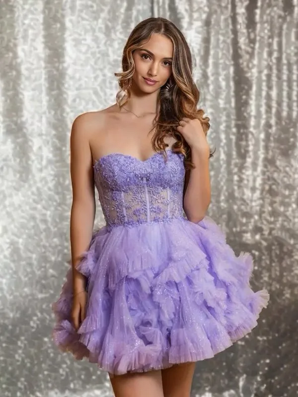 Carmelita | Lilac - Strapless A Line Ruffle Tulle Homecoming Dress With Appliques sold by KissProm