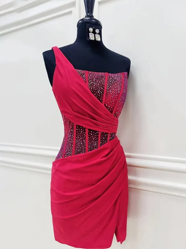 Karlyn | Red - One Shoulder Bodycon Satin Beaded Short Homecoming Dresses With Slit sold by KissProm