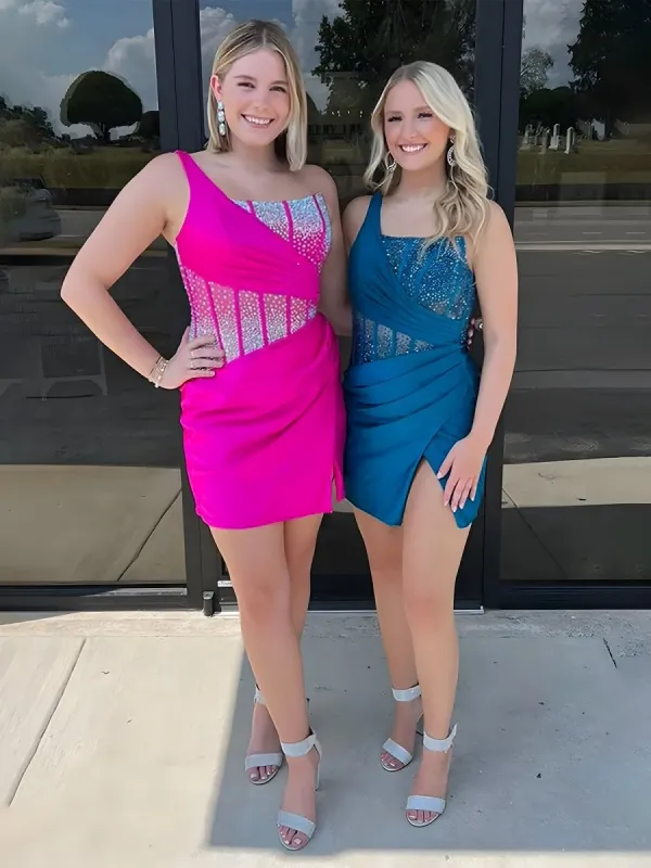 Karlyn | Peacock - One Shoulder Bodycon Satin Beaded Short Homecoming Dresses With Slit sold by KissProm