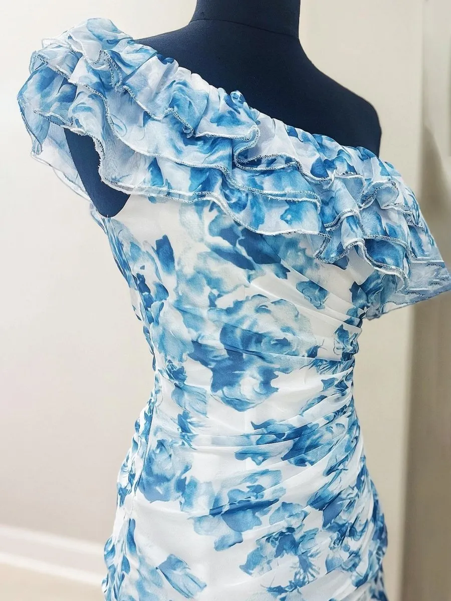 Blue - A-Line One Shoulder Floral Chiffon Short Homecoming Dresses sold by KissProm product image thumbnail 2