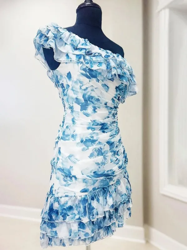 Caprice | Blue - A-Line One Shoulder Floral Chiffon Short Homecoming Dresses sold by KissProm