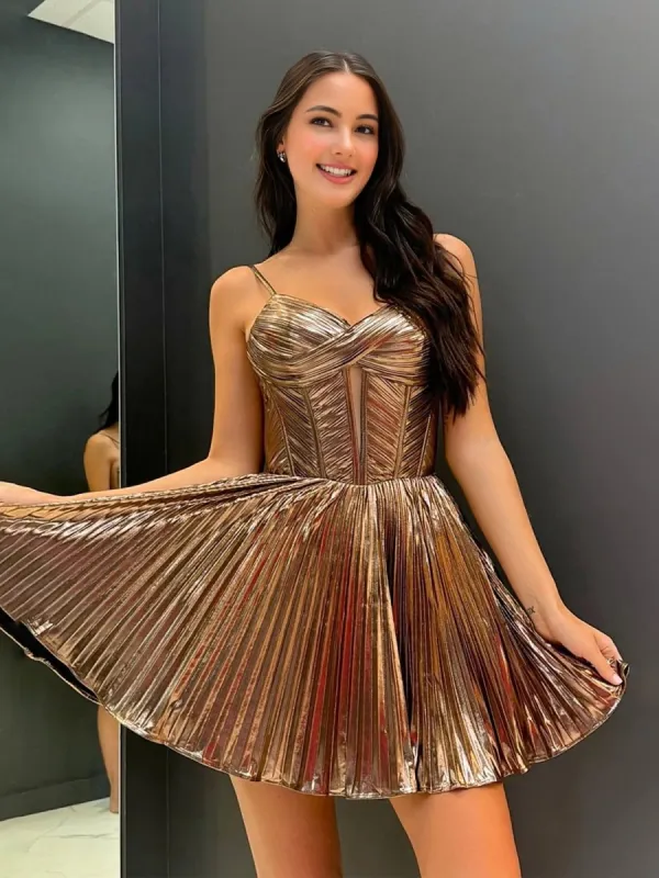 Dorella | Brown - Metallic Spaghetti Straps Pleated Corset Short Homecoming Dress sold by KissProm