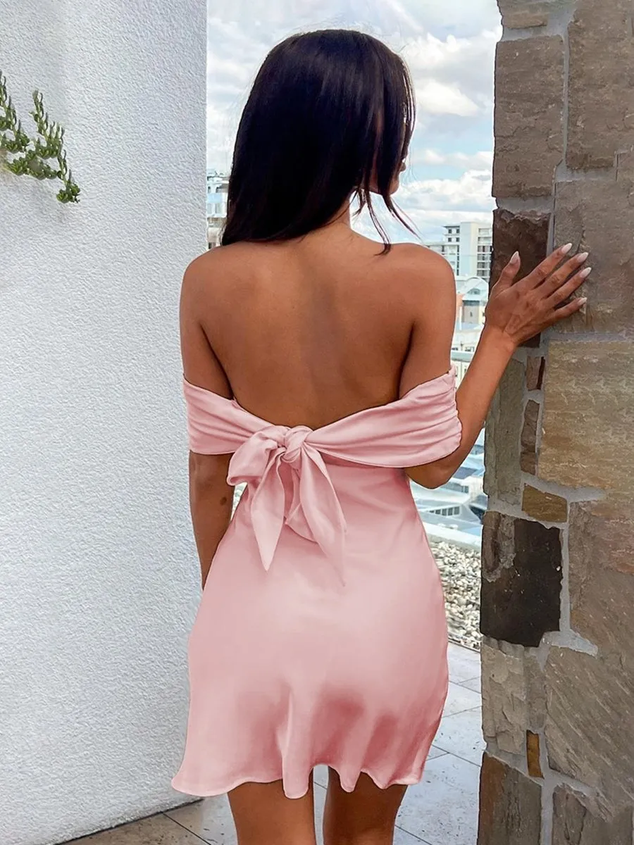 Pink - Off The Shoulder Satin Sheath Homecoming Dress sold by KissProm product image thumbnail 2
