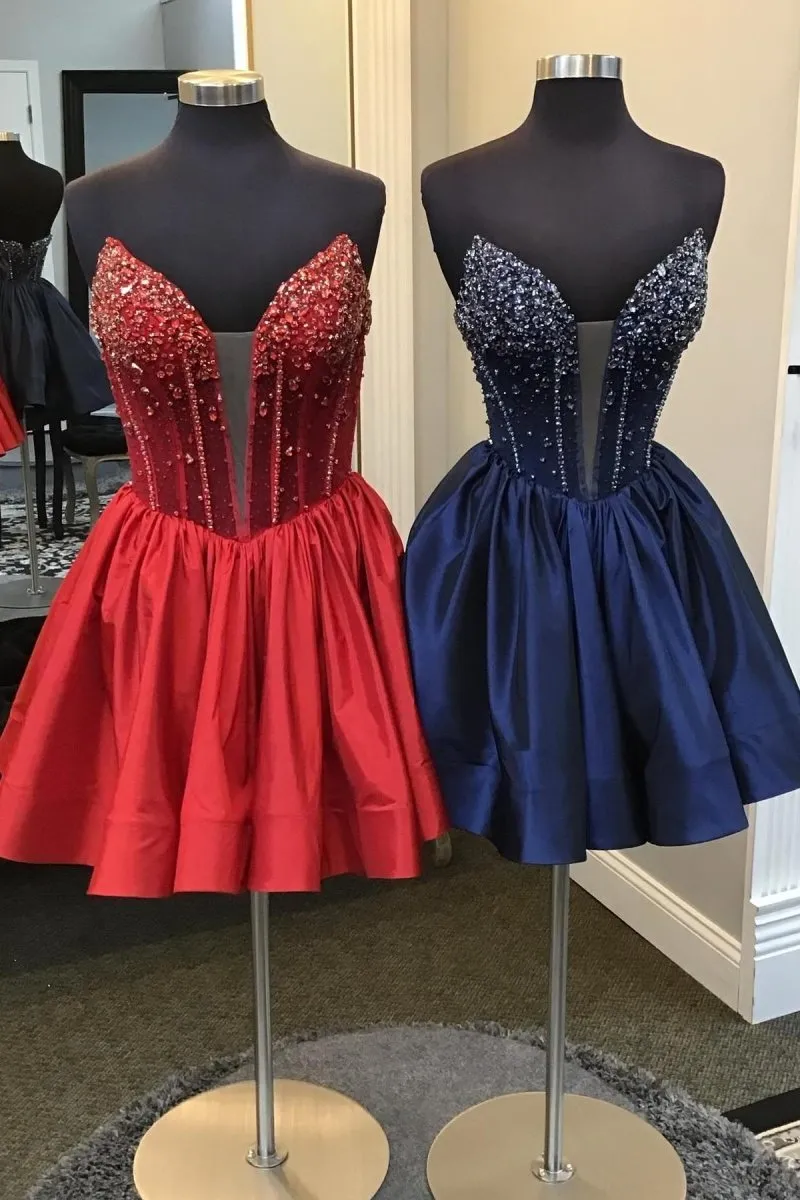 Navy Blue - V Neck A-line Short Homecoming Dress With Beadings sold by KissProm