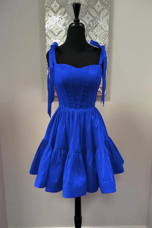 Lavandula | Royal Blue - Bow Straps Satin Ruffles A-line Short Homecoming Dresses sold by KissProm