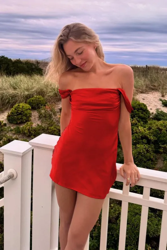 Mel | Red - Off The Shoulder A Line Satin Short Homecoming Dress sold by KissProm