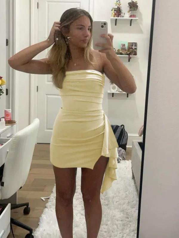 Eldona | Yellow - Strapless Spandex Bodycon Homecoming Dress With Slit sold by KissProm