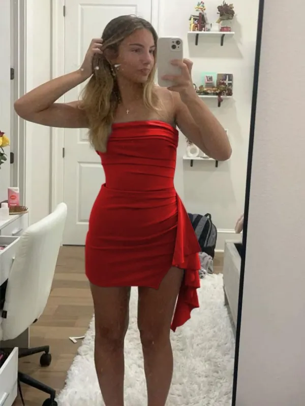 Eldona | Red - Strapless Spandex Bodycon Homecoming Dress With Slit sold by KissProm