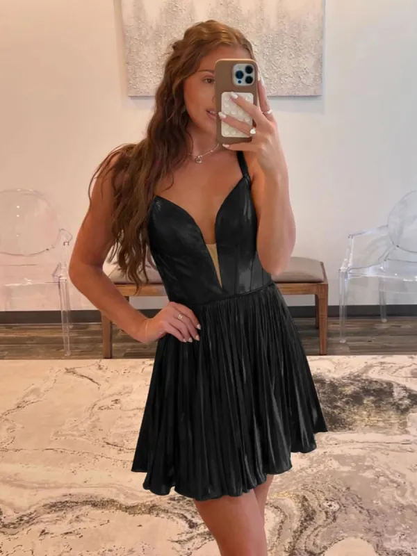 Xeni | Black - V Neck A-Line Metallic Pleated Short Homecoming Dresses sold by KissProm