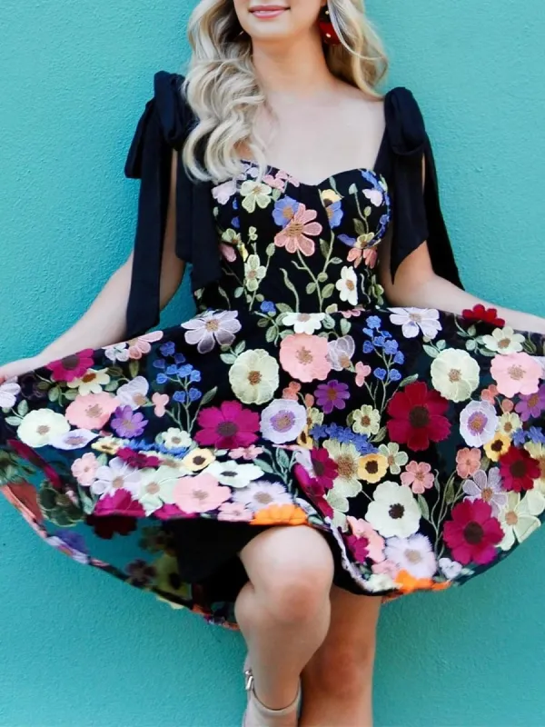 Raffaele | Black - Sweetheart Bow Strap A-Line Homecoming Dress With Floral Appliques sold by KissProm