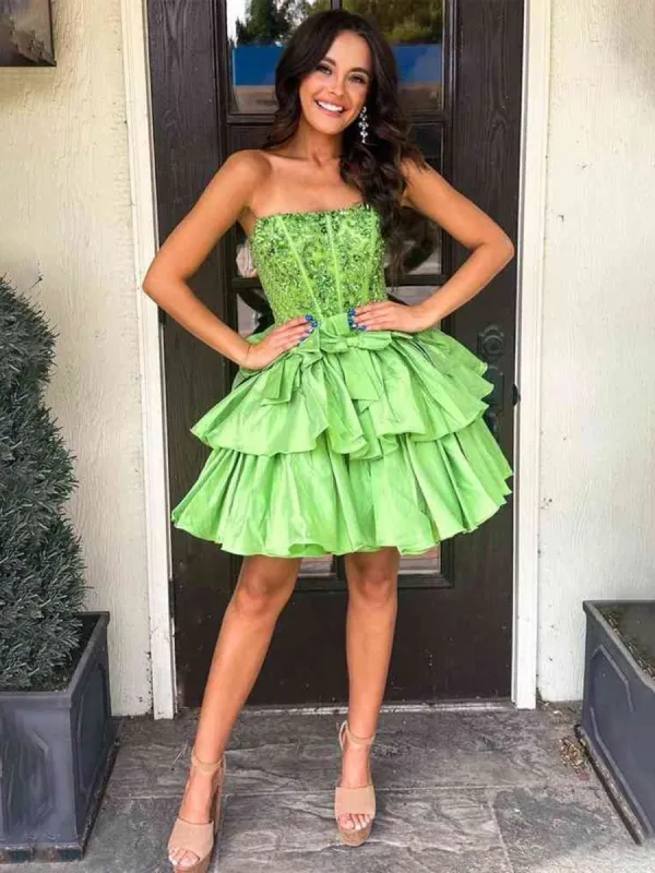 Quincy | Lime Green - Strapless Sequins A-Line Homecoming Dress With Bow sold by KissProm