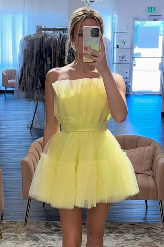 Aicha | Yellow - Strapless A-Line Ruffles Tulle Homecoming Dress sold by KissProm