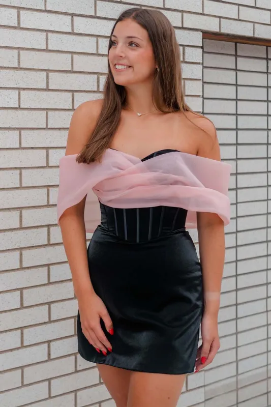 Kalei | Black - Off The Shoulder Satin Homecoming Dress With Corset Bodice sold by KissProm