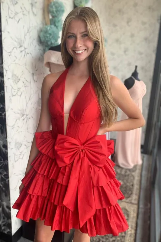 Glydah | Red - Halter A Line Ruffles Satin Homecoming Dress With Bow sold by KissProm
