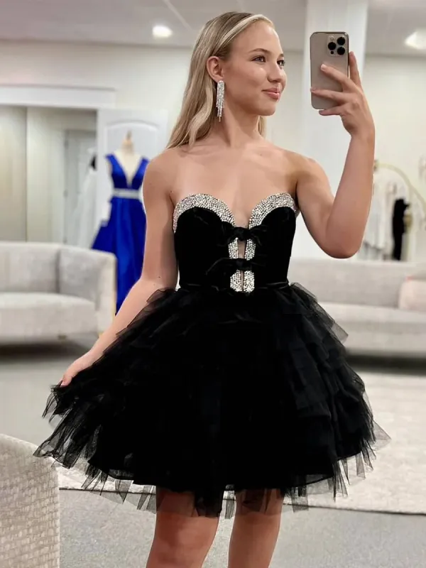 Havannah | Black - Strapless A Line Tiered Tulle Homecoming Dress With Bow sold by KissProm