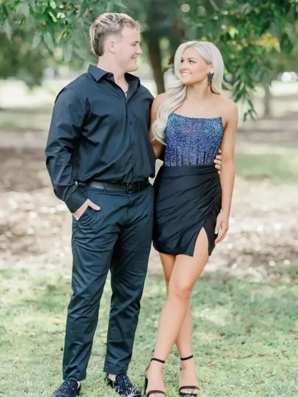 Theodie | Black - Scoop Neck Satin Short Homecoming Dresses With Beadings sold by KissProm