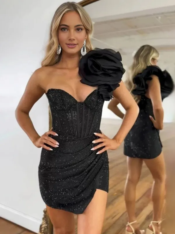 Karlee | Black - One Shoulder Bodycon Beaded Homecoming Dresses With Flower sold by KissProm