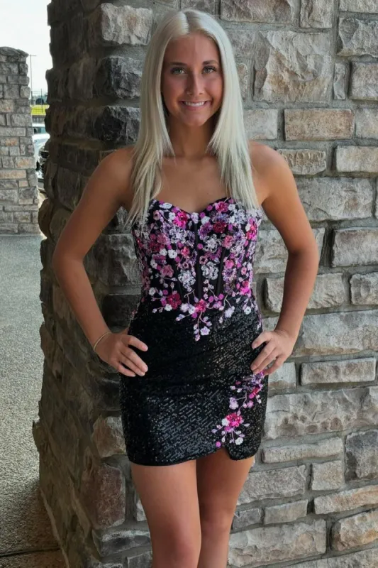 Lorielle | Black - Sweetheart Sequins Short Bodycon Homecoming Dresses With Appliques sold by KissProm