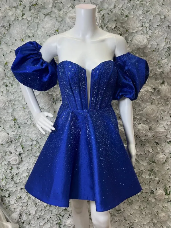 Valdaia | Royal Blue - A Line Sweetheart Blue Satin Short Homecoming Dresses with Beading sold by KissProm