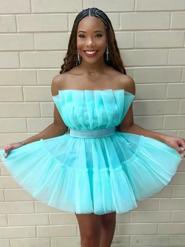 Aicha | Turquoise - Strapless A-Line Ruffles Tulle Homecoming Dress sold by KissProm