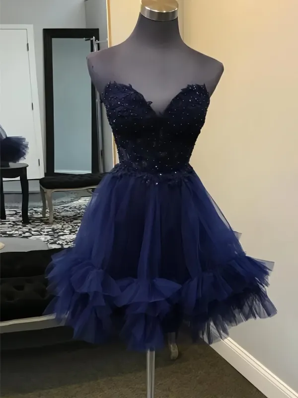 Oakeson | Navy Blue - A-Line Sweetheart Ruffle Tulle Homecoming Dress With Appliques sold by KissProm