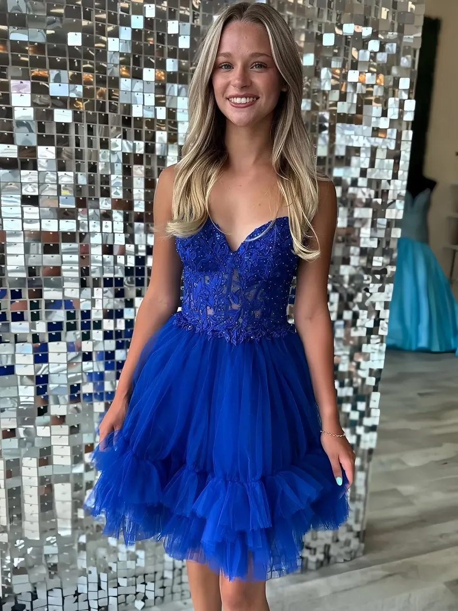 Oakeson | Royal Blue - A-Line Sweetheart Ruffle Tulle Homecoming Dress With Appliques sold by KissProm product image thumbnail 3