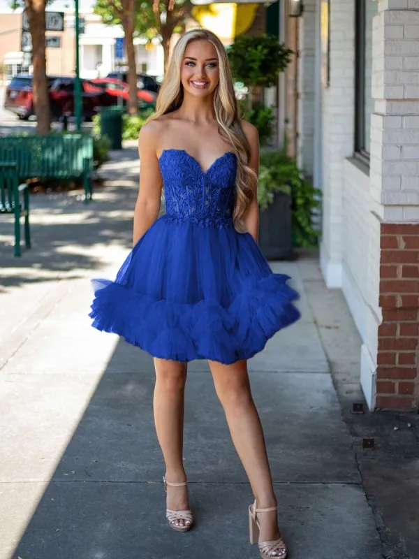 Oakeson | Royal Blue - A-Line Sweetheart Ruffle Tulle Homecoming Dress With Appliques sold by KissProm