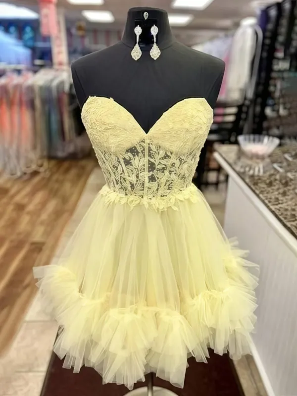 Oakeson | Yellow - A-Line Sweetheart Ruffle Tulle Homecoming Dress With Appliques sold by KissProm
