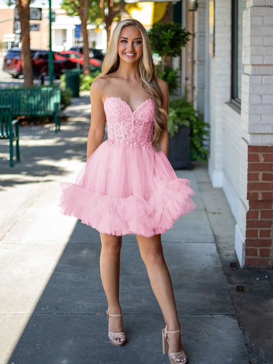 Oakeson | Pink - A-Line Sweetheart Ruffle Tulle Homecoming Dress With Appliques sold by KissProm