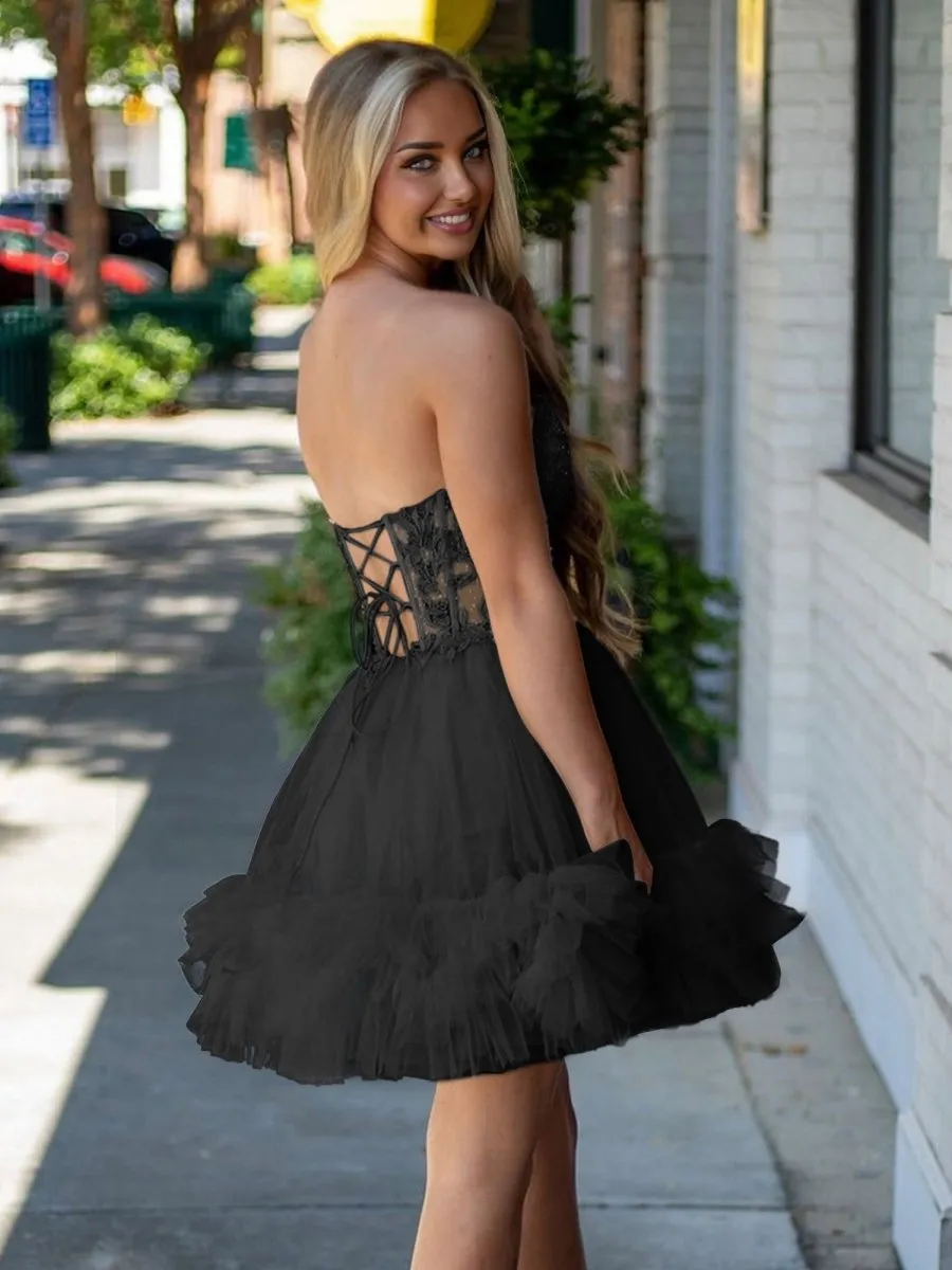 Oakeson | Black - A-Line Sweetheart Ruffle Tulle Homecoming Dress With Appliques sold by KissProm product image thumbnail 2