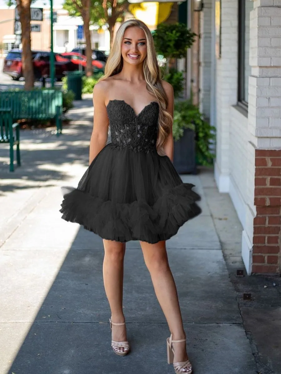 Oakeson | Black - A-Line Sweetheart Ruffle Tulle Homecoming Dress With Appliques sold by KissProm