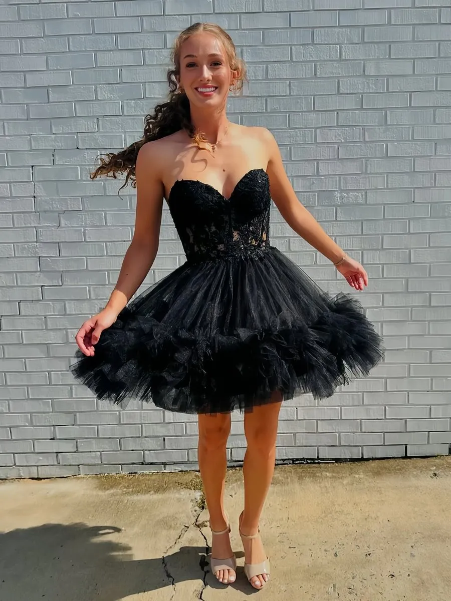 Oakeson | Black - A-Line Sweetheart Ruffle Tulle Homecoming Dress With Appliques sold by KissProm product image thumbnail 3