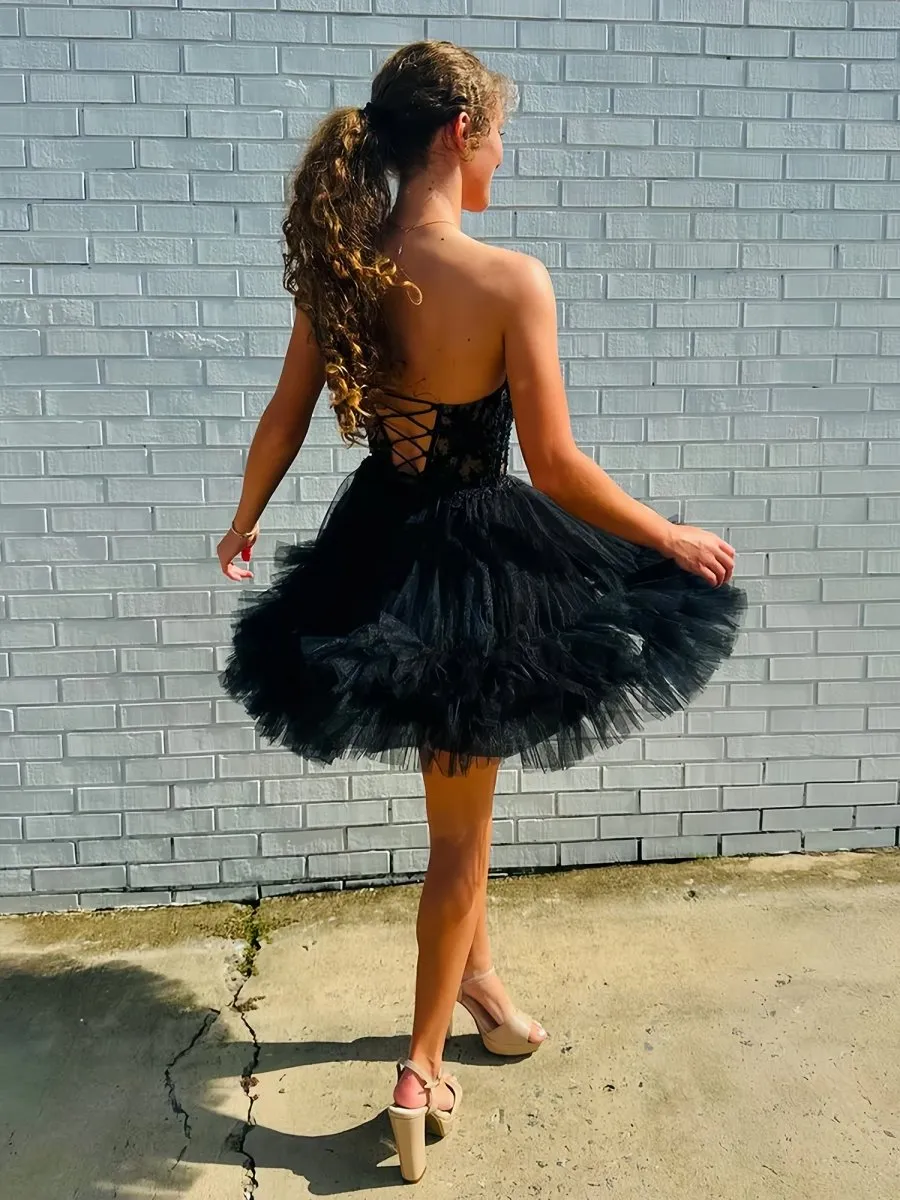 Oakeson | Black - A-Line Sweetheart Ruffle Tulle Homecoming Dress With Appliques sold by KissProm product image thumbnail 4