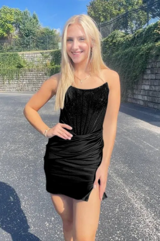 Elaraina | Black - Strapless Satin Short Homecoming Dresses With Beading sold by KissProm