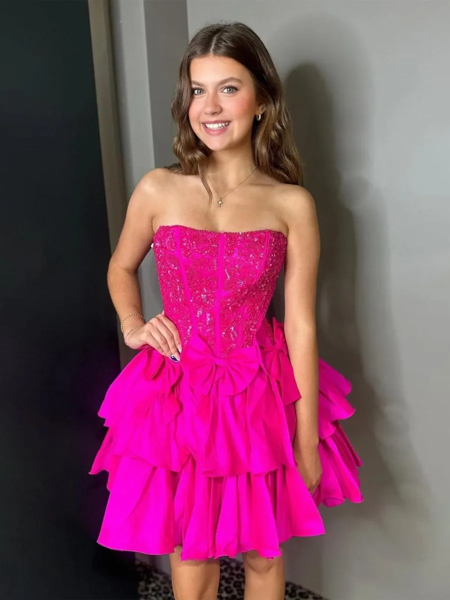 Quincy | Fuchsia - Strapless Sequins A-Line Homecoming Dress With Bow sold by KissProm