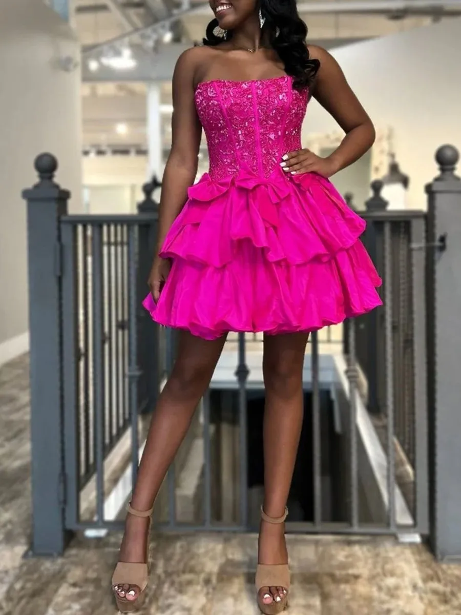 Quincy | Fuchsia - Strapless Sequins A-Line Homecoming Dress With Bow sold by KissProm product image thumbnail 2