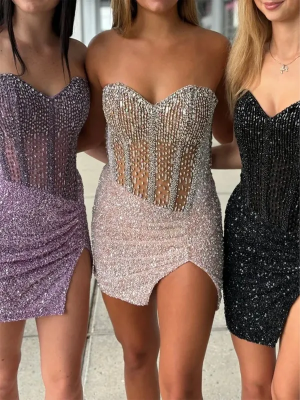 Bretta | Lavender - Sparkly Bodycon Strapless Sequins Short Homecoming Dresses With Beadings sold by KissProm