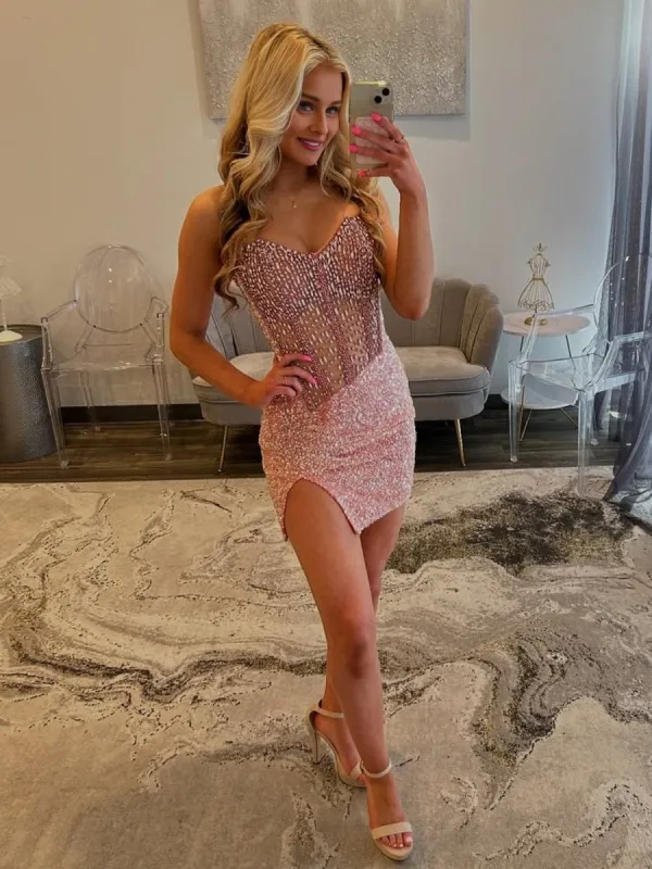Bretta | Pink - Sparkly Bodycon Strapless Sequins Short Homecoming Dresses With Beadings sold by KissProm