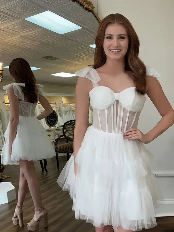 Evander | Ivory - A Line Sweetheart Tiered Tulle Short Homecoming Dresses With Bow Straps sold by KissProm