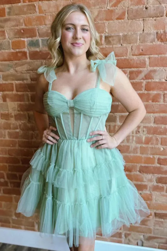 Evander | Sage - A Line Sweetheart Tiered Tulle Short Homecoming Dresses With Bow Straps sold by KissProm