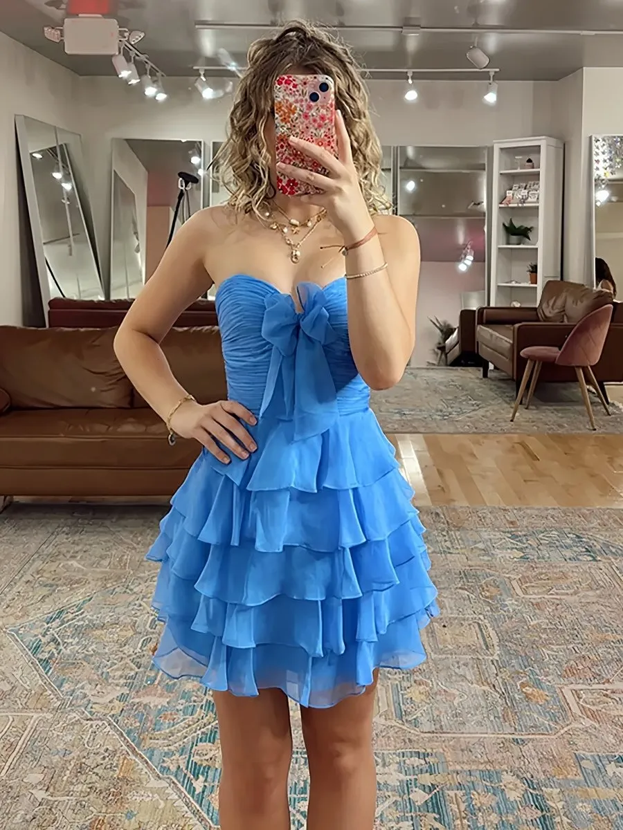 Blue - A Line Tulle Ruffles Sweetheart Short Homecoming Dresses with Bow sold by KissProm